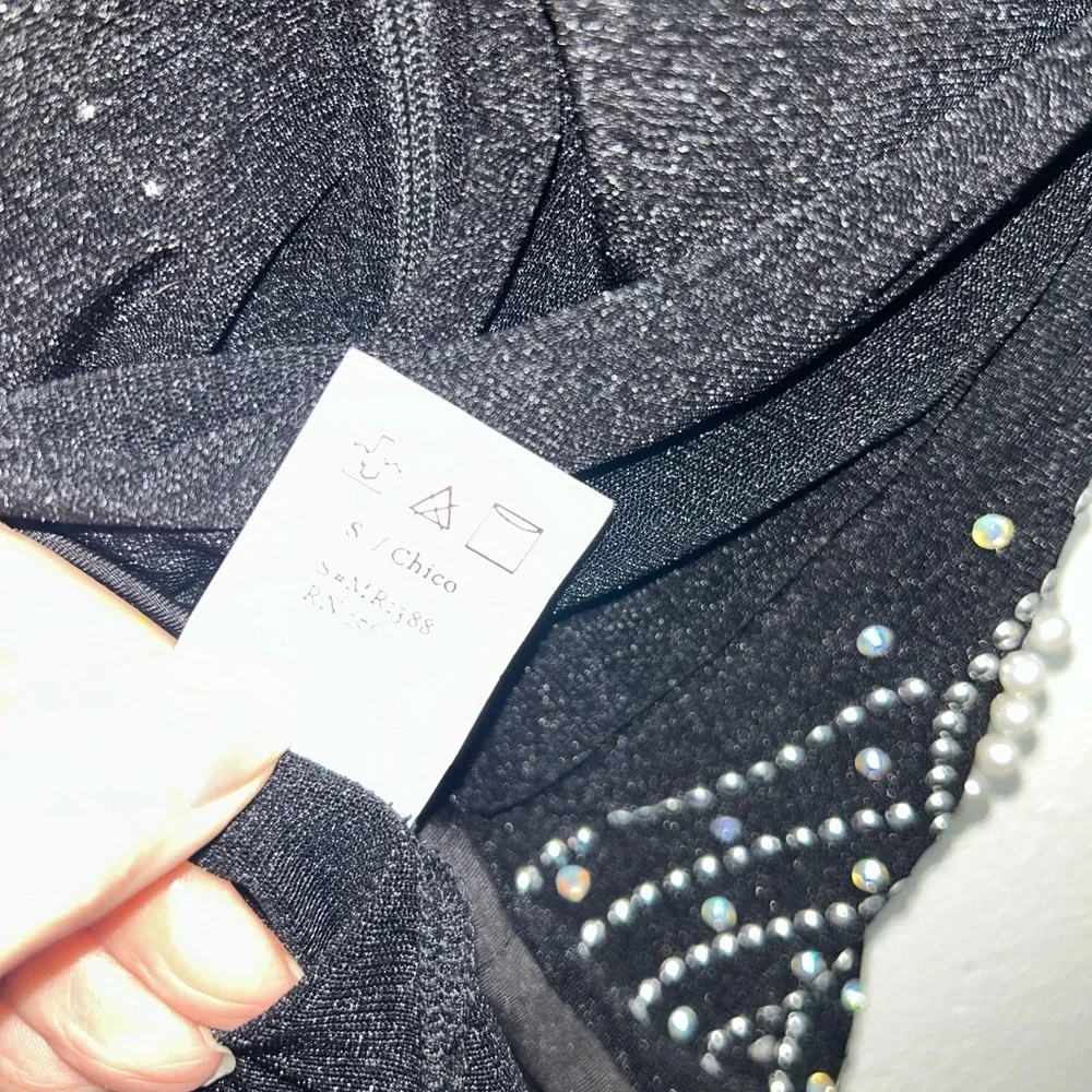 Small Chic Black mesh sheer pearls S Embellished Bodysuit - Picture 8 of 11